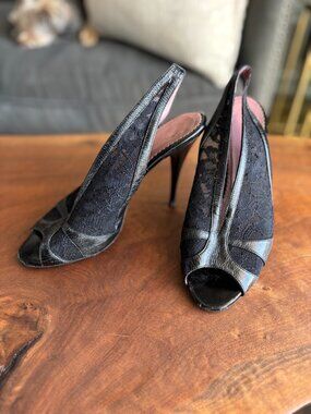 Jean-Michel Cazabat Black Leather Lace Peep Toe Slingback Heels FR 36.5 / US 6.5